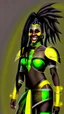 Placeholder: A woman has dark skin, yellow eyes and black dreadlocks. Her face has a slying smile, showing her superiority in the eyes of others. She is dressed in a steel armor with a few pieces of yellow and green fabric sticking out.