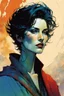 Placeholder: create an imaginative portrait illustration of an ethereal, otherworldly , medieval female vampire sorceress with extremely short hair in ragged ornate robes , in the comic book art style of Bill Sienkiewicz, Mike Mignola, and Jean Giraud Moebius, with highly detailed feminine facial features , finely drawn, colored and inked,