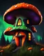 Placeholder: An asymmetrical mushroom house in the night sky. in space. Bright Bold Bright Colors, green orange black, Stark Dark background. Detailed Matte Painting, deep color, fantastical, intricate detail, splash screen, hyperdetailed, insane depth, Fantasy concept art, 8k resolution, trending on artstation, Unreal Engine 5, color depth, Deep Colors, backlit, splash art, dramatic, splash art Style. High Quality, Painterly, Whimsical, Fun, Imaginative, Bubbly, good detail, perfect composition,