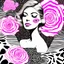 Placeholder: A detailed high quality surreal painting of a delicate, shimmering single pink, personified rose, with a womans face a small pretty face in its petals, two eyes, pouting lips, delictae nose, background is a blurred black and white hypnotic pattern, very mod, 1960s inspired art, psychedelic, highly detailed conceptual art, mixed media collage, dark fantastical, hypnotic atmosphere, fine lines, dali-esc, beautiful and natural, strange art, optical illusion