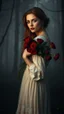 Placeholder: Vintage portrait of a beautiful woman carrying a band of dark red roses standing in a misty and foggy forest background, eerie twilight lighting