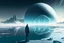 Placeholder: person seeing a grey exoplanet in the horizon, lagoon, ice blocks, sci-fi, very epic