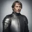 Placeholder: mads mikkelsen dresses in knight's armour, head fully in frame, high quality photo