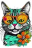 Placeholder: A groovy CAT with a wide, toothy grin, rocking sunglasses and a flowered shirt. Style: Pop Art, Mood: Fun and Funky, Lighting: Bright sunlight, T-shirt design graphic, vector, contour, white background.