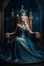 Placeholder: Gorgeous queen sitting on the throne, long dress, majestic crown, blonde hair blue eyes, big throne