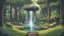 Placeholder: The video game poster presents a serene forest scene in Irland in minimalist pixel art, capturing the essence of the Celtic landscape. A solitary dolmen stands amidst a sea of lush green trees, its ancient stones rendered in simple yet evocative detail. Shafts of sunlight filter through the canopy, casting dappled patterns on the forest floor. colorful fountain with faeries