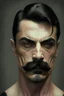 Placeholder: short wirey lean muscular trimmed goatee moustache sterm serious short black hair