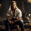 Placeholder: chris pine as handsome warrior king, muscular, long blonde hair, male age 30, wearing jeans and a white button-up shirt, tan skin, tattoos, photorealistic 4k dark fantasy