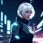 Placeholder: young futuristic female bodyguard with short white hair, anime style