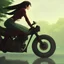 Placeholder: cinematic close up of a person riding a motorcycle on a road near a forest, delicate features finely detailed perfect art, green field, gapmoe yandere grimdark, trending on pixiv fanbox, painted by greg rutkowski makoto shinkai takashi takeuchi studio ghibli