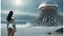 Placeholder: Wide-angle shot of a woman, standing to one side on a beach with huge waves, with dark hair in a silver robotic catsuit, many gigantic flying jellyfish with tentacles floating above her, masterpiece, best quality, super detailed