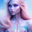 Placeholder:  beautiful, soft, whide smile face, long blonde straight hair, blue eyes, fairy wings on the back, transparent crystal blue and pink clothes, background blue and pink, big definition, 8K