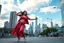 Placeholder: modern city wide street,pretty city scape at background ,blue sky nice cloudes, young beautiful ladys hip-hop dancing