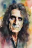 Placeholder: head and shoulders portrait, Alice Cooper - a multicolored, watercolor stained wall in the background,