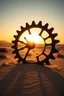 Placeholder: drone view, desert sunrise behind a large rusty cogwheel standing in sand and shadow of the wheel looks like a curved backbone part of giant sandworm monster with jagged backbone fins, large open space, dramatic, cinematic, great shadows, amazing contrasts