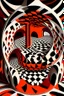 Placeholder: Voice bouncing around in a circular house of mirrors; Optical Art; M.C. Escher, black, white, and orange-red