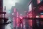 Placeholder: 3D, beautiful, light reflecting, empty future city at night, rainy night, neon, cyberpunk, tron, person with helmet walking