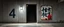 Placeholder: background of wall(wet textured concrete, gray, old, cracked, stained, 1 wall light) from underground parking, hong kong style, a large number "4" painted on left(old faded paint), at middle is a narrow opening into an area with dark stairway, cyberpunk, to the right of opening is a faded keith haring style poster