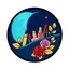 Placeholder: A circular logo designed for a cosmetics store with the symbol of the moon and the colors of turquoise, indigo, red, gold and pink, a blue and black circle decorated with cosmetics and nail polish, lipstick, body spray and rose leaves .