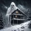 Placeholder: Hyper Realistic white ghost with a sad man on the top of a mountain & an abandoned dark house at heavy snowfall night