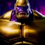 Placeholder: fullbody portrait in oil on canvas of Thanos with Big Golden Hulkbuster armor, intense stare, masterpiece, realistic, intricate detail, sci-fi fantasy style, volumetric lighting, particles, highly detailed ,cinematic , deep colours, 8k, by Caravaggio