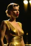 Placeholder: Scarlett Johansson, wearing a gold lame dress with spaghetti straps, standing against a dark background with stage lighting