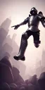 Placeholder: a full body portrait, cyberpunk warrior, wearing boots and helmet, jumping through the air in the style of Carlos Ortega Elizalde, Ahmad Merheb