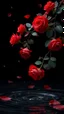 Placeholder: The image is a digital artwork that depicts a branch of tree of Red roses and leaves tangling in to a water in the river with aThe rose floats on the surface of the water, creating a wave-like effect. The background is black, which makes a branch of a tree of red roses stand out even more. Water droplets are scattered adding to the dreamy, ethereal quality of the image.all leaves and background are red