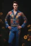 Placeholder: 18-year-old Elvis Presley, full body portrait, 6'5". 220lbs, extremely muscular,18-year-old Elvis Presley has great big giant muscles, blue eyes, skintight, formfitting high-collared jumpsuit with floral designs, smirking, pitch black background, multicolored spotlight, Photorealistic, realistic stock photo, Professional quality Photograph. Fog, Clouds, mist.