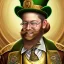 Placeholder: portrait of leprechaun man,, beard,top hat,elegant gold and green suit,smiling, by Chie Yoshii