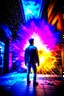 Placeholder: Young man walking away from a building that is exploding at night, with coloured auras all around him