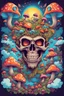 Placeholder: Psychedelic monkey skull looking high and grinning, surrounded by clouds and overgrown with psychedelic mushrooms. Birds flying around the skull. Digital drawing. Colorful. t-shirt design. Cartoon. Digital cartoon. Mid detailed. Super happy. Cheerful. Light hearted. Colorful. Vibrant colours.