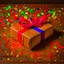 Placeholder: a present wrapped in brown paper with colorful confetti flakes