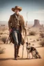 Placeholder: Full body cowboy in a desert with a dog and fancy walking stick