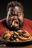 Placeholder: a black fat guy with full of food in his mouth