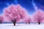 Placeholder: arbres roses et petites fleurs roses et avec petits points de lumière dans un ciel de nuit étoilée avec la voie lactée et sous la neige , HD, 8k