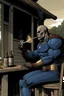 Placeholder: Darkseid smoking a cigar and drinking a glass of whiskey on the porch of the house.