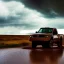 Placeholder: hyperrealistic shot, off-road truck, speeding, earth color palette, sharp focus, puddle reflection, tire water splash, refraction, rain and lightning on the horizon, shadowcast, detailed and intricate, cinematic composition, tilt shift photography