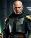 Placeholder: star wars bald male corellian jedi pilot wearing black and gunmetal grey old republic armored robes with gold trim inside the jedi temple holding a lightsaber with viridian green blade in left hand, centered head and shoulders portrait, hyperdetailed, dynamic lighting, hyperdetailed background, 8k resolution, volumetric lighting, light skin, fully symmetric details