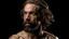 Placeholder: man in his thirties Body of a ballet dancer with robust limbs and a Neanderthal face hair with half-tied locks, eyes with straight eyebrows, a flattened nose with a goatee