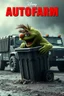 Placeholder: EUROPEAN Oscar the AUTOFARM Grouch SESEME ST CHARACTER IN LARGE GARBAGE TRASH BIN,GARBAGE TRASH BIN, side profile, "GARBAGE TRASH BIN IN FRONT" man in super blackscary (((((autofarm)))))) TITLE in movie poster movie style horror look. as five headed mouth open, rough teeth, turn head around, landrover crash in background(&*&*^%$^#%$#%$^%$#^#$#^%#$^$#