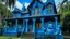 Placeholder: A blue haunted mansion with ghosts designed in Hawaiian tiki statues painted by Paul Gauguin