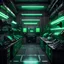 Placeholder: cyberpunk weapon manufacturing room, simple design, clean layout, muted lights, soft lighting, green and black color, black shading, grey lighting, dark