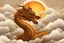 Placeholder: brown chinese dragon flying among wisps of clouds with yellow-orange sunset