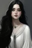 Placeholder: a 16 year old woman, white skin, long wawy black hair, beautiful round face, black eyes, in a white dress, realistic epic fantasy style