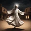 Placeholder: Hyper Realistic Sufi Whirling with Brown & White Islamic Sufi Rustic Grungy in a dark-abandoned-ghost-town-of-desert at dark night