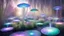 Placeholder: iridescent ufos around, white ethereal willow leaves garden