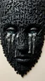 Placeholder: Bosch style painting , A balled face in details . The texture of the face is a collage of many 3D black random letters covering the whole face and the eyes are covered by waterfalls