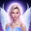 Placeholder: portrait of a beautiful woman with an angel face smiling, pink and blue dress, jewels, soft light aura