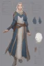 Placeholder: Dnd character sheet, full body. A female Aaismar twilight cleric with white hair and blue eyes, wearing gray robes. Etreal, beautiful